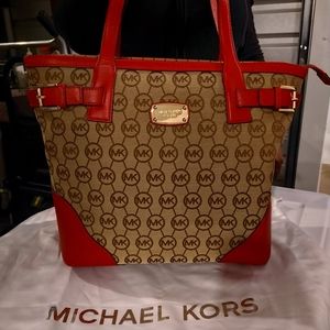 Michael Kors Red & Tan Monogram Tote Bag